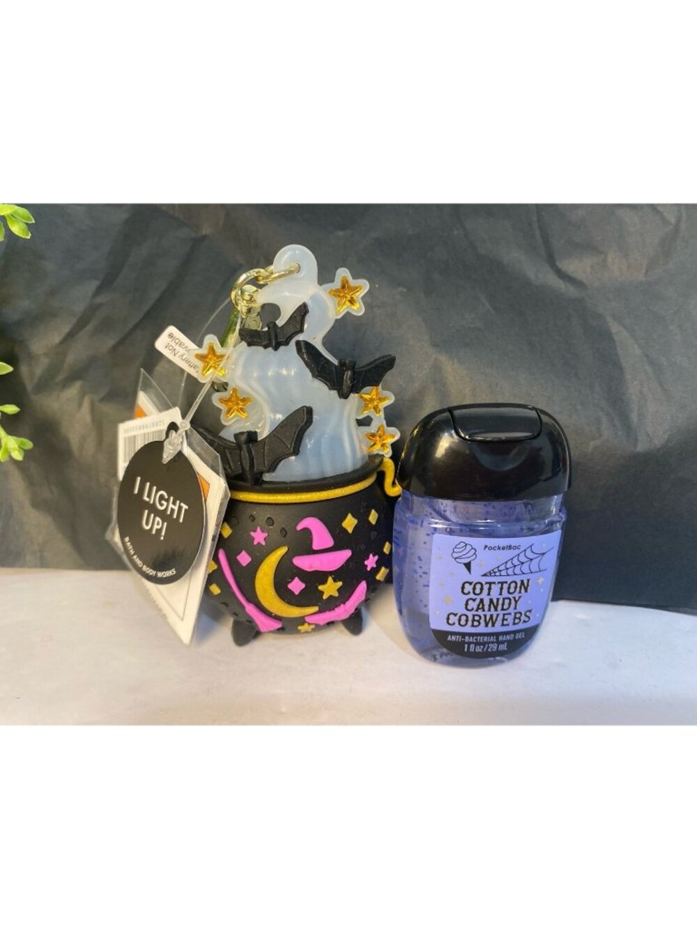 Halloween Light Up Cauldron & Bat Pocket Bac Holder & “Cotton Candy Cobwebs”Sani